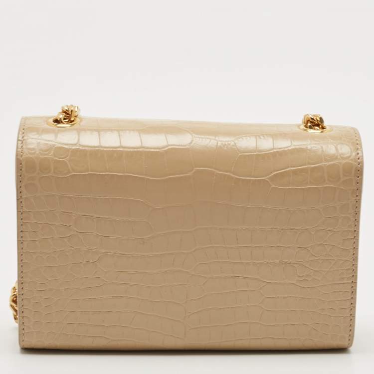 Pre Owned Saint Laurent Beige Croc Embossed Leather Small Kate Tassel Crossbody Bag