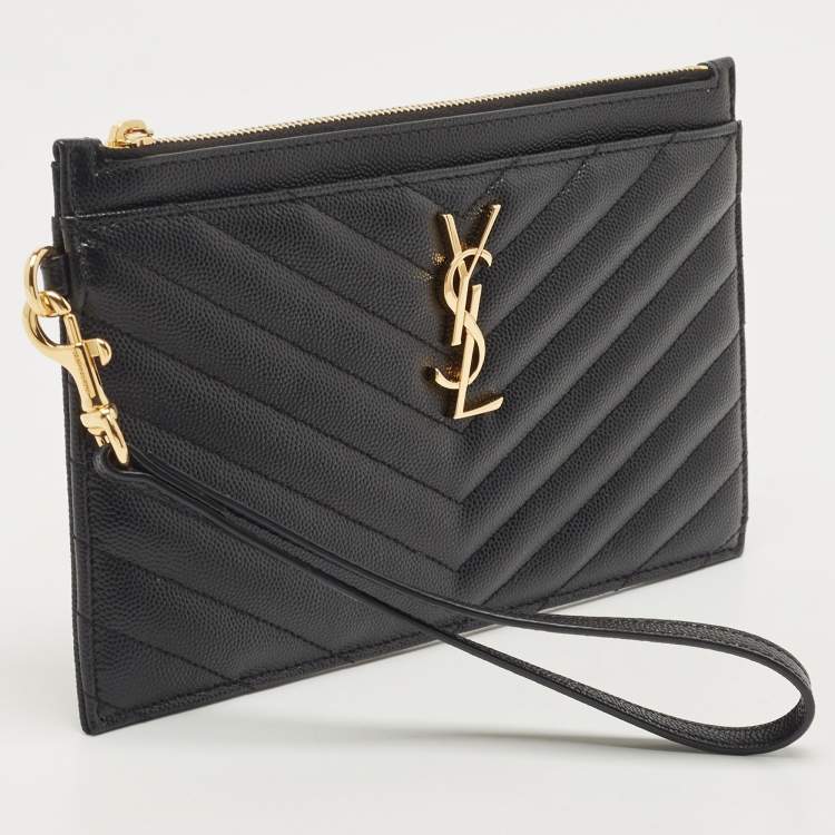 Pre Owned Saint Laurent Black Matelassé Leather Large Cassandre Zip Pouch