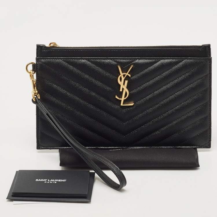 Pre Owned Saint Laurent Black Matelassé Leather Large Cassandre Zip Pouch