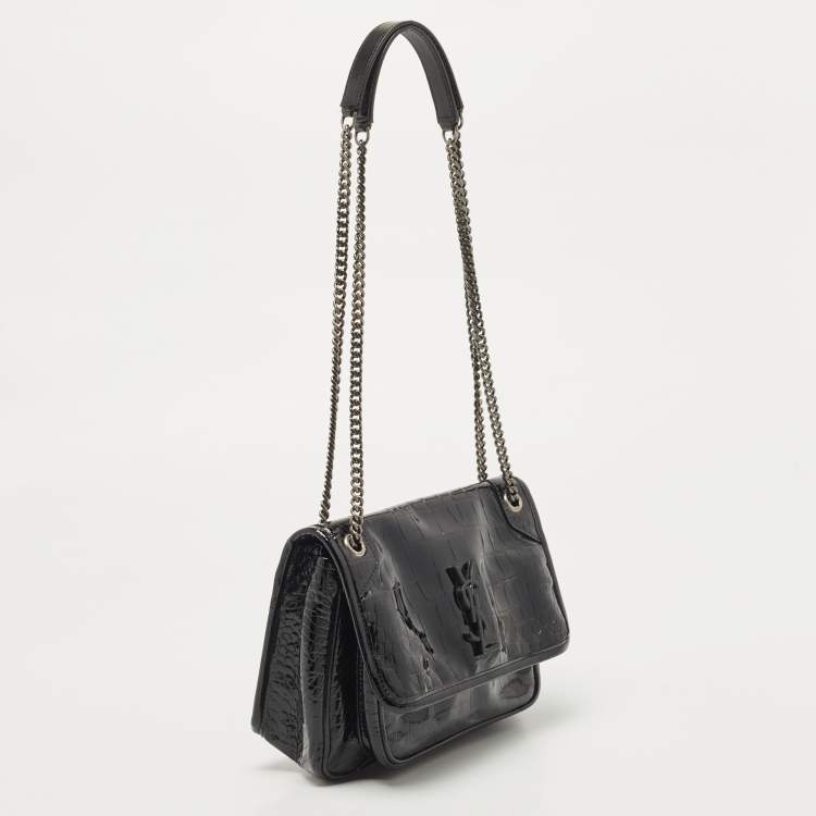 Pre Owned Saint Laurent Black Croc Embossed Patent Leather Baby Niki Chain Shoulder Bag