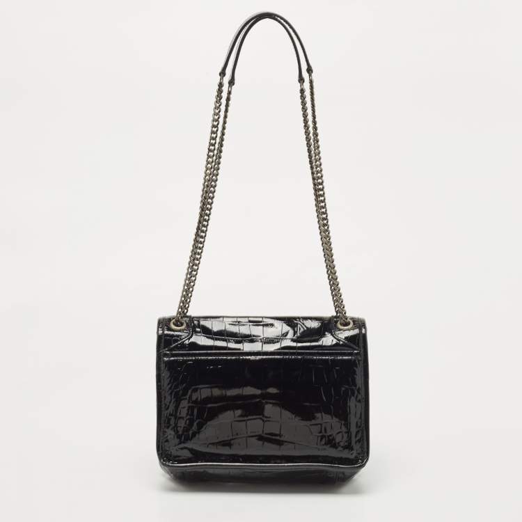 Pre Owned Saint Laurent Black Croc Embossed Patent Leather Baby Niki Chain Shoulder Bag