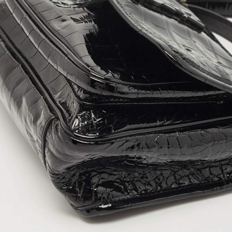Pre Owned Saint Laurent Black Croc Embossed Patent Leather Baby Niki Chain Shoulder Bag