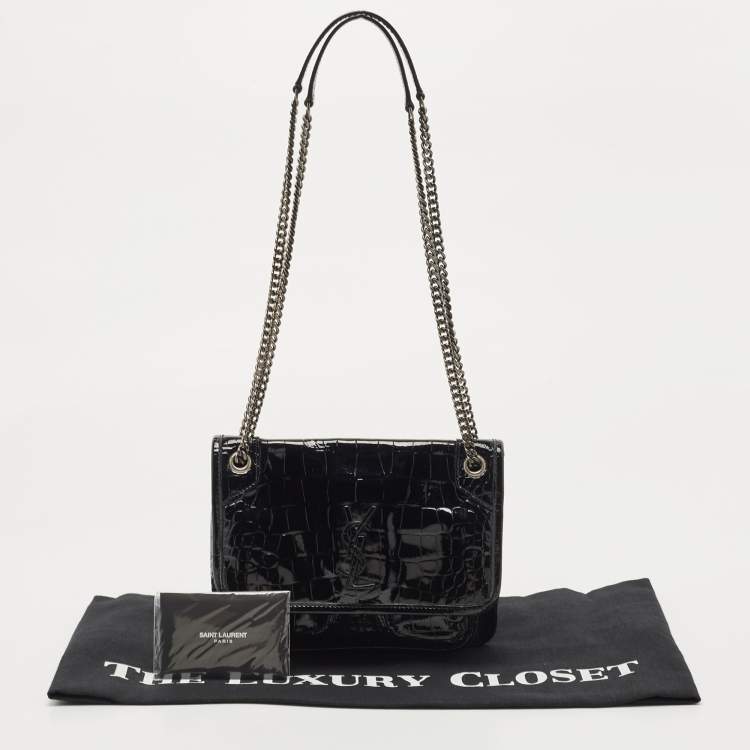 Pre Owned Saint Laurent Black Croc Embossed Patent Leather Baby Niki Chain Shoulder Bag