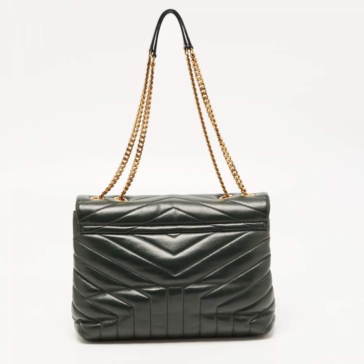 Pre Owned Saint Laurent Dark Green Matelassé Leather Medium LouLou Shoulder Bag