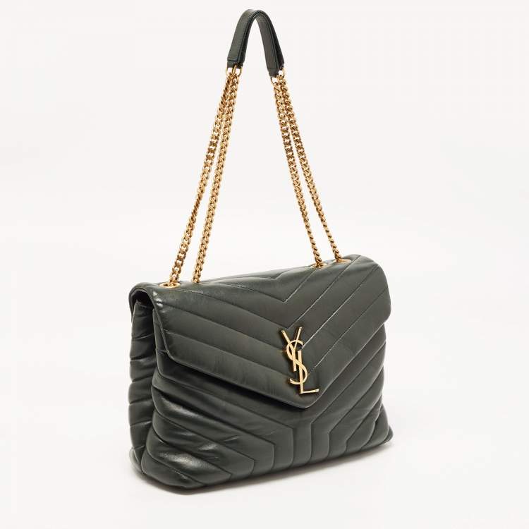 Pre Owned Saint Laurent Dark Green Matelassé Leather Medium LouLou Shoulder Bag