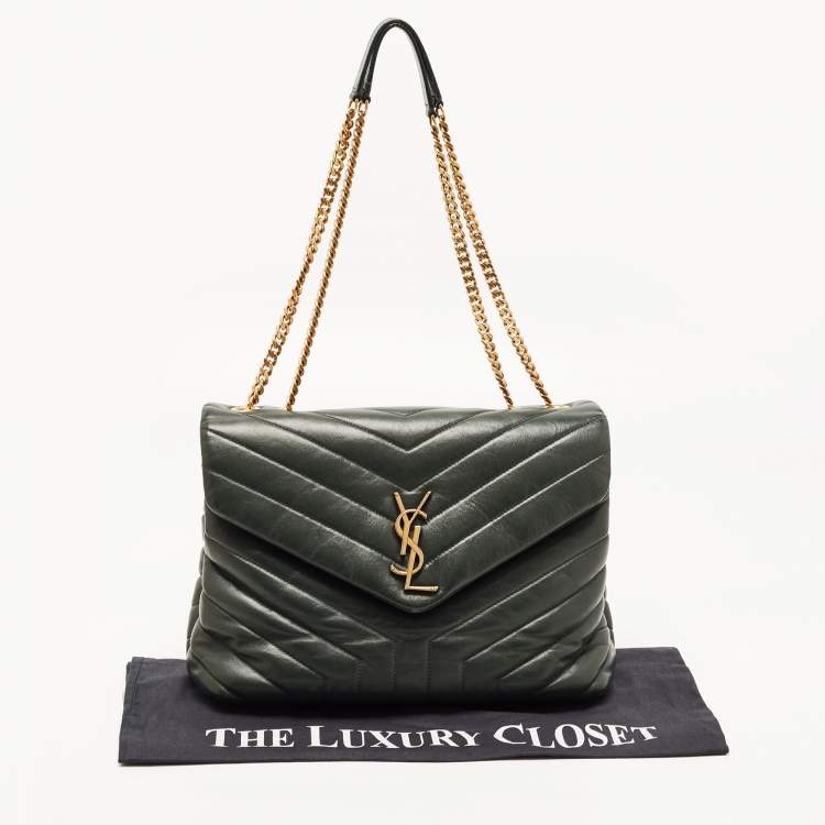 Pre Owned Saint Laurent Dark Green Matelassé Leather Medium LouLou Shoulder Bag
