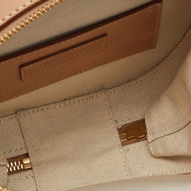 Pre Owned Saint Laurent Beige/Tan Raffia and Leather Small Mica Crossbody Bag 