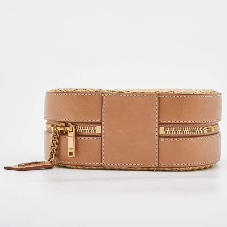 Pre Owned Saint Laurent Beige/Tan Raffia and Leather Small Mica Crossbody Bag 