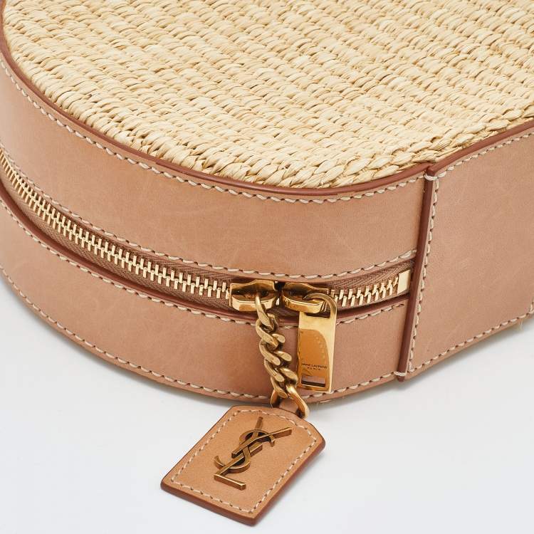 Pre Owned Saint Laurent Beige/Tan Raffia and Leather Small Mica Crossbody Bag 
