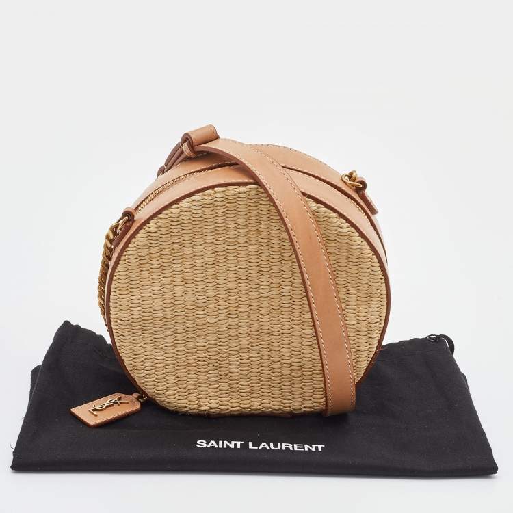 Pre Owned Saint Laurent Beige/Tan Raffia and Leather Small Mica Crossbody Bag 