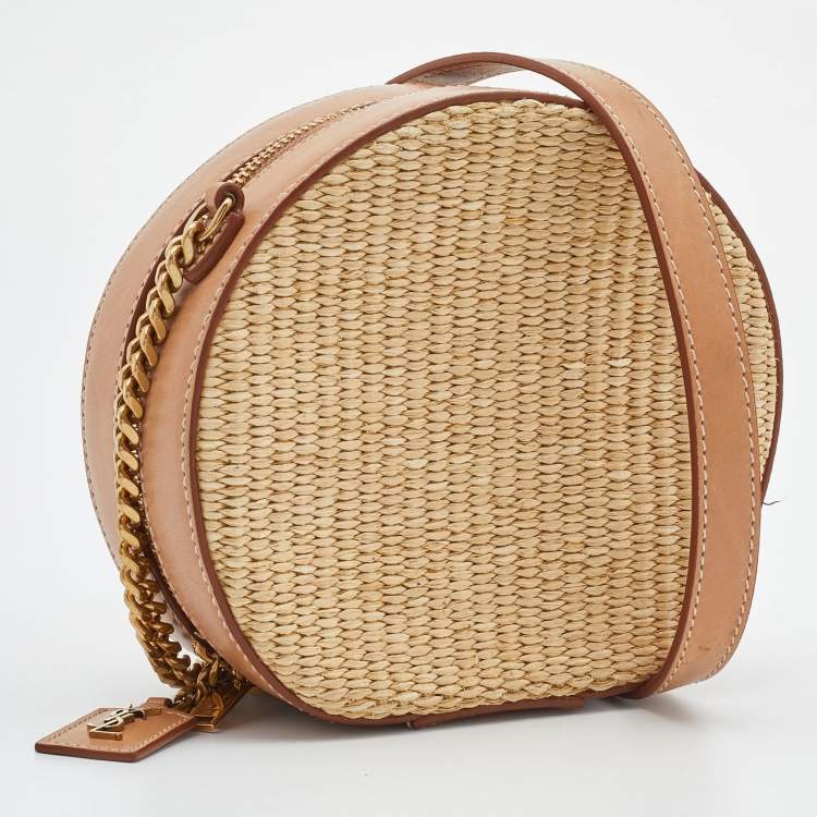 Pre Owned Saint Laurent Beige/Tan Raffia and Leather Small Mica Crossbody Bag 