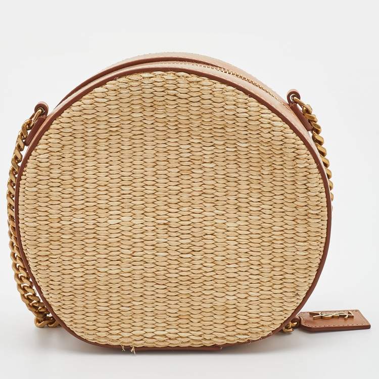 Pre Owned Saint Laurent Beige/Tan Raffia and Leather Small Mica Crossbody Bag 