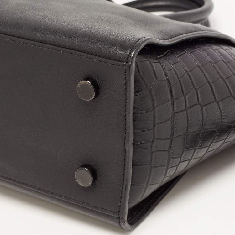 Pre Owned Saint Laurent Black  Croc Embossed Leather Baby Downtown Cabas Tote