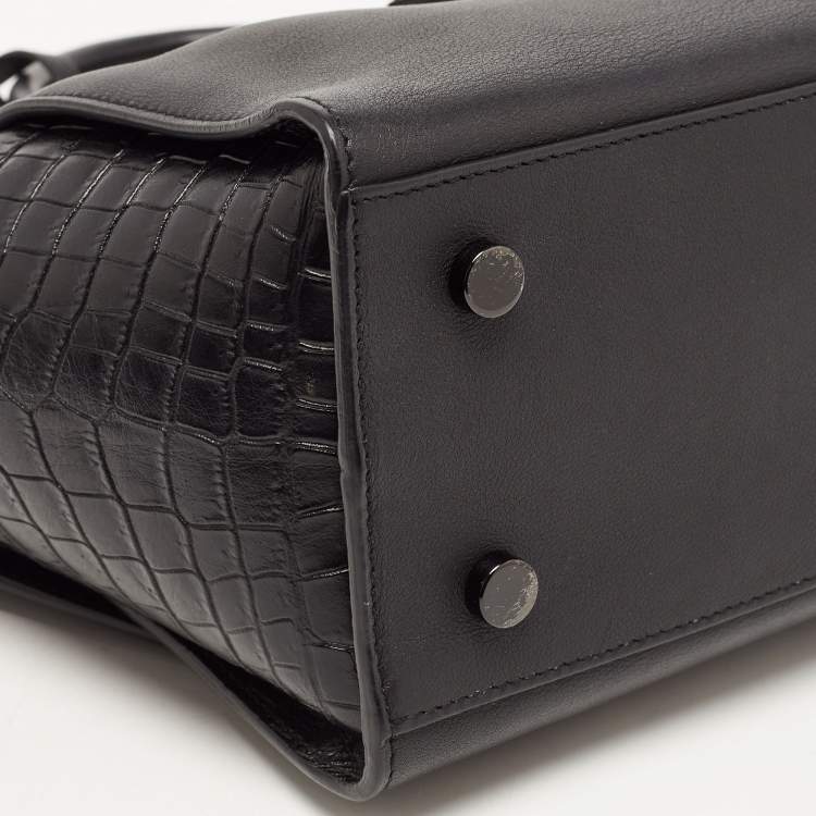 Pre Owned Saint Laurent Black  Croc Embossed Leather Baby Downtown Cabas Tote