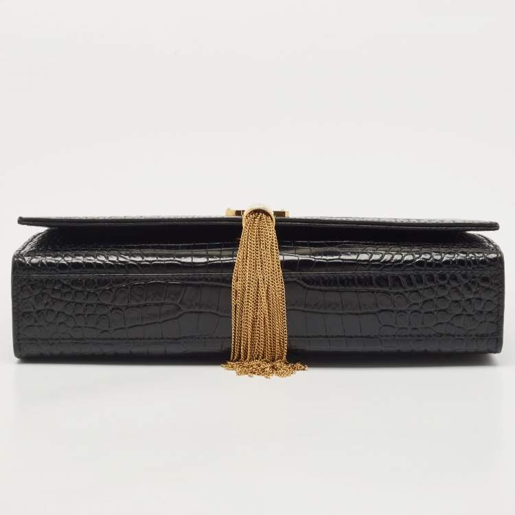 Pre Owned Saint Laurent Black Croc Embossed Leather Kate Tassel Shoulder Bag