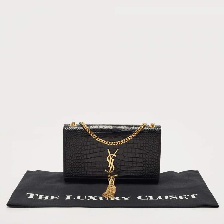 Pre Owned Saint Laurent Black Croc Embossed Leather Kate Tassel Shoulder Bag