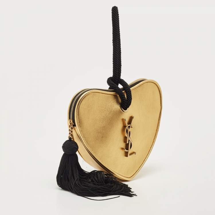 Pre Owned Saint Laurent Gold Leather Monogram Heart Clutch