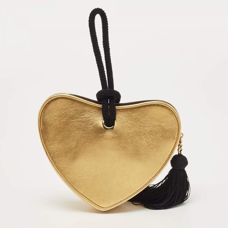 Pre Owned Saint Laurent Gold Leather Monogram Heart Clutch