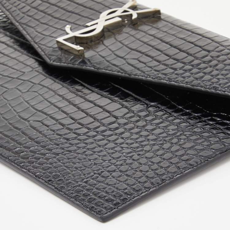 Pre Owned Saint Laurent Black Croc Embossed Leather Medium Uptown Clutch