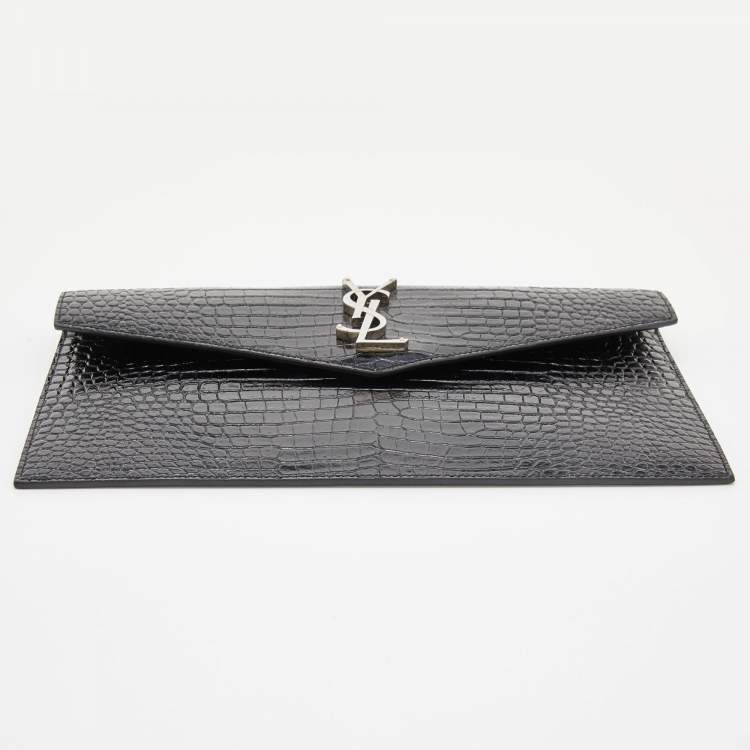 Pre Owned Saint Laurent Black Croc Embossed Leather Medium Uptown Clutch
