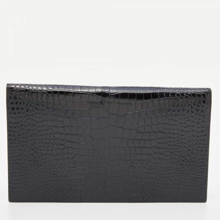 Pre Owned Saint Laurent Black Croc Embossed Leather Medium Uptown Clutch