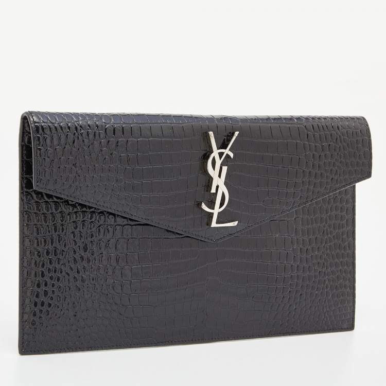 Pre Owned Saint Laurent Black Croc Embossed Leather Medium Uptown Clutch