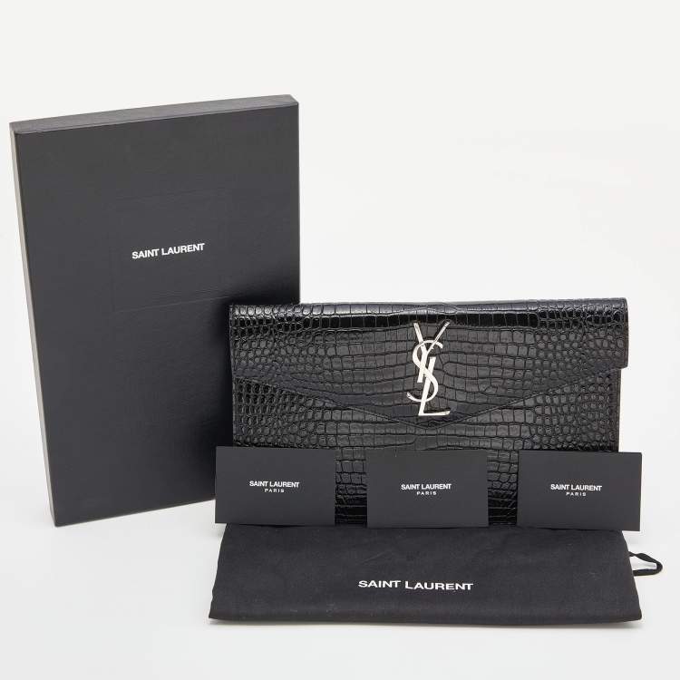 Pre Owned Saint Laurent Black Croc Embossed Leather Medium Uptown Clutch