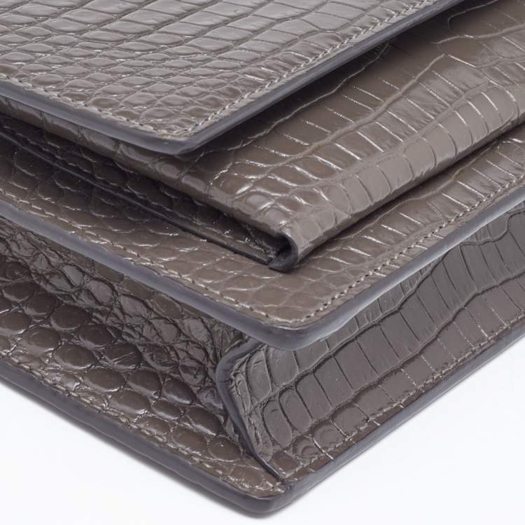 مملوكة مسبقًا Saint Laurent Grey Croc Embossed Leather Sunset Crossbody Bag