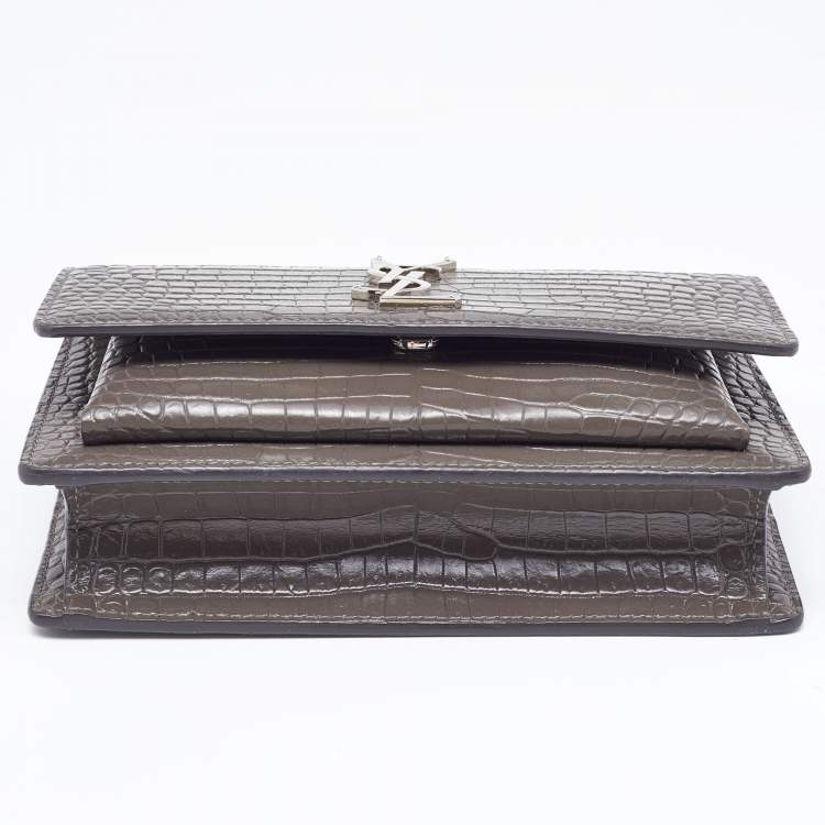 مملوكة مسبقًا Saint Laurent Grey Croc Embossed Leather Sunset Crossbody Bag