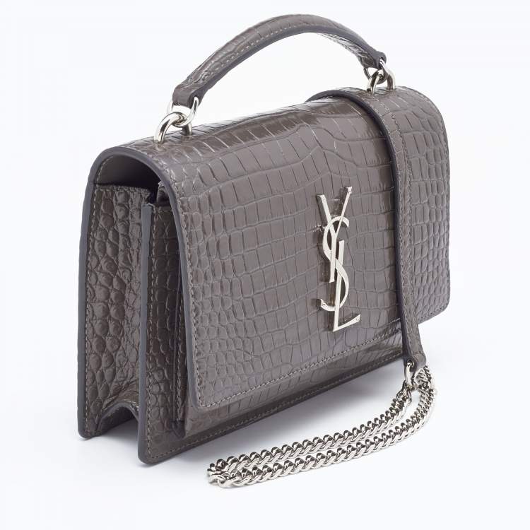 مملوكة مسبقًا Saint Laurent Grey Croc Embossed Leather Sunset Crossbody Bag