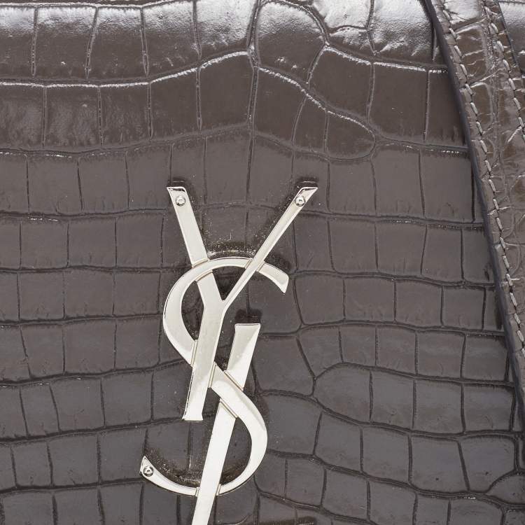 مملوكة مسبقًا Saint Laurent Grey Croc Embossed Leather Sunset Crossbody Bag