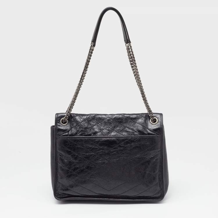Pre Owned Saint Laurent Black Crinkled Leather Large Niki Shoulder Bag