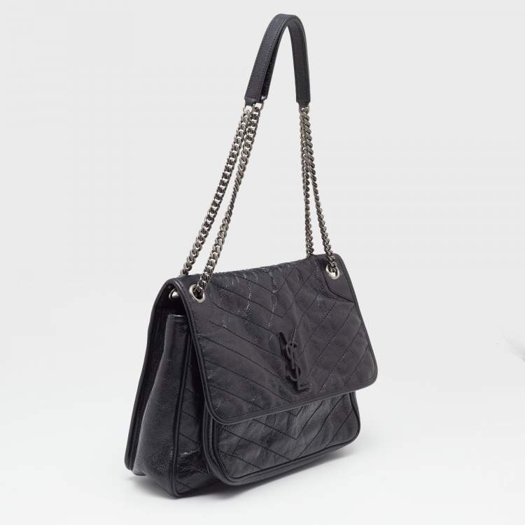 Pre Owned Saint Laurent Black Crinkled Leather Large Niki Shoulder Bag
