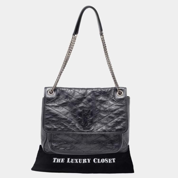 Pre Owned Saint Laurent Black Crinkled Leather Large Niki Shoulder Bag