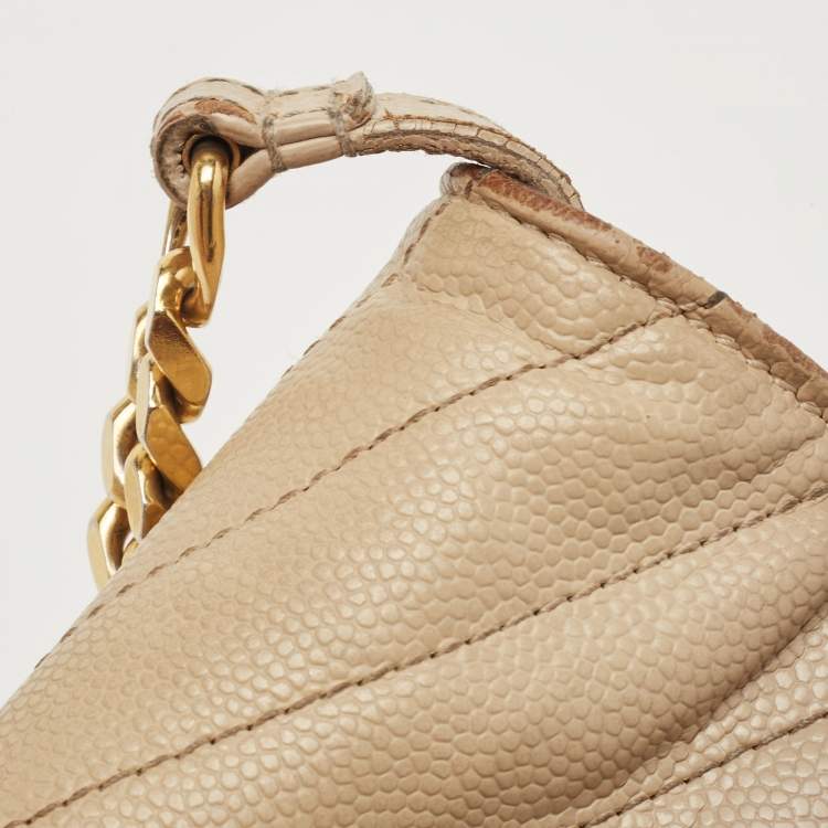 Pre Owned Saint Laurent Beige Matelassé Leather Cassandre Wallet on Chain