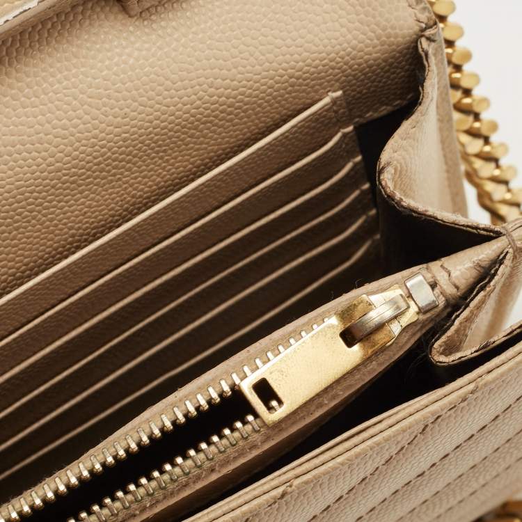 Pre Owned Saint Laurent Beige Matelassé Leather Cassandre Wallet on Chain