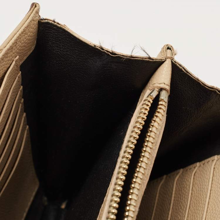 Pre Owned Saint Laurent Beige Matelassé Leather Cassandre Wallet on Chain