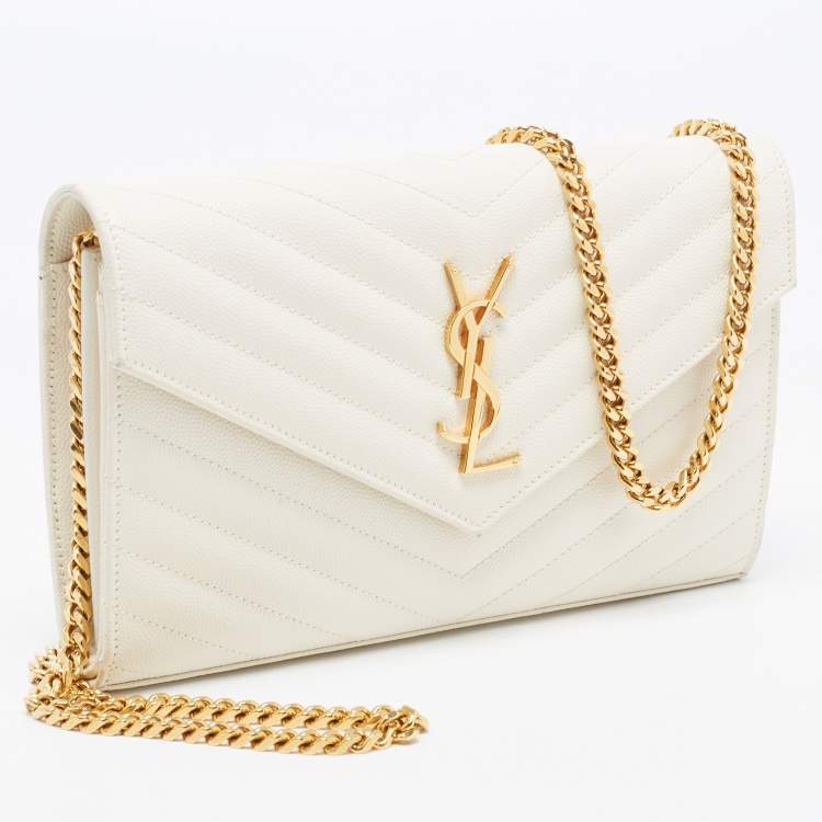 Pre Owned Saint Laurent White Leather Envelope Wallet On Chain