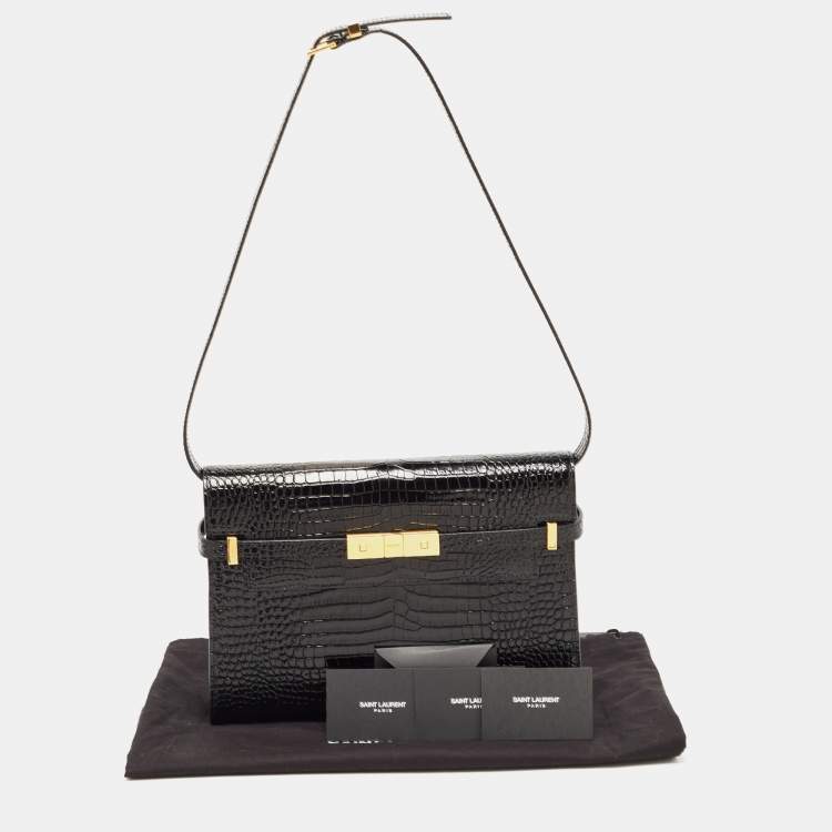 Pre Owned Saint Laurent Black Croc Embossed Leather Manhattan Shoulder Bag