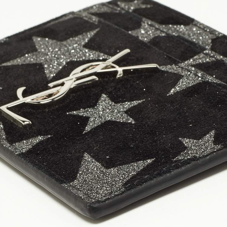 Pre Owned Saint Laurent Black Suede Glitter Star Monogram Card Holder 