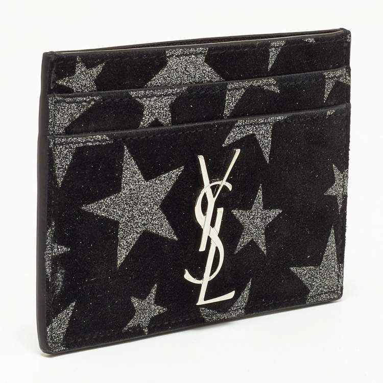 Pre Owned Saint Laurent Black Suede Glitter Star Monogram Card Holder 