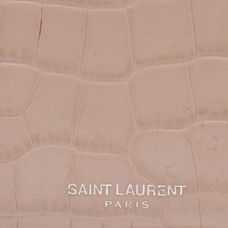 Pre Owned Saint Laurent Beige Croc Embosses Leather Zip Card Holder