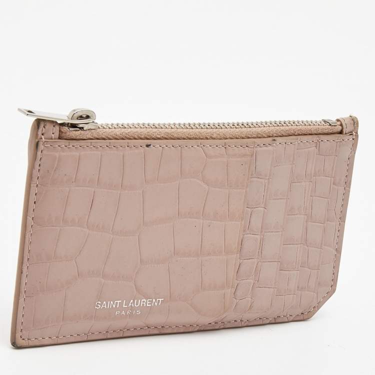 Pre Owned Saint Laurent Beige Croc Embosses Leather Zip Card Holder