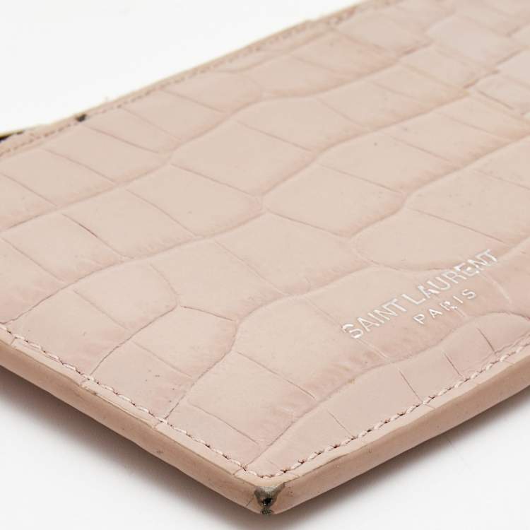Pre Owned Saint Laurent Beige Croc Embosses Leather Zip Card Holder