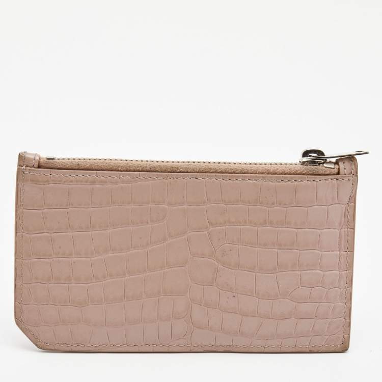 Pre Owned Saint Laurent Beige Croc Embosses Leather Zip Card Holder