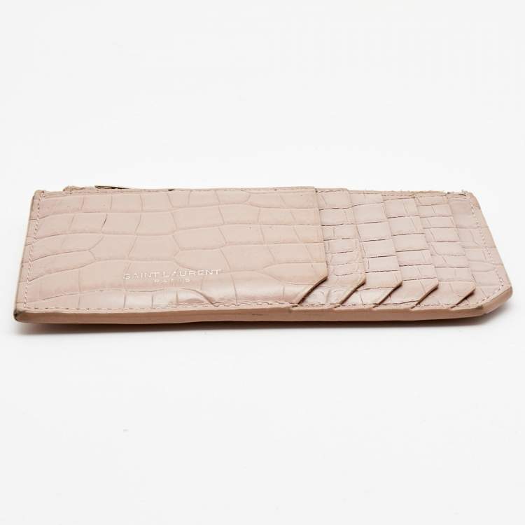 Pre Owned Saint Laurent Beige Croc Embosses Leather Zip Card Holder