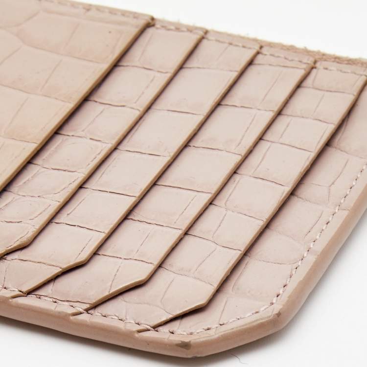 Pre Owned Saint Laurent Beige Croc Embosses Leather Zip Card Holder