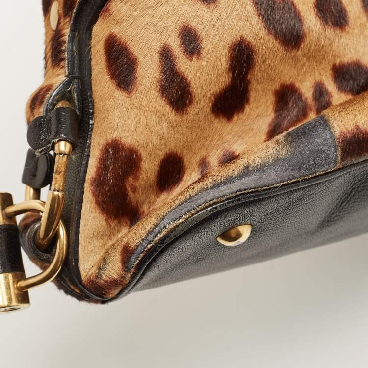 Pre Owned Saint Laurent Black/Brown Leopard Print Calfhair and Leather Muse Satchel
