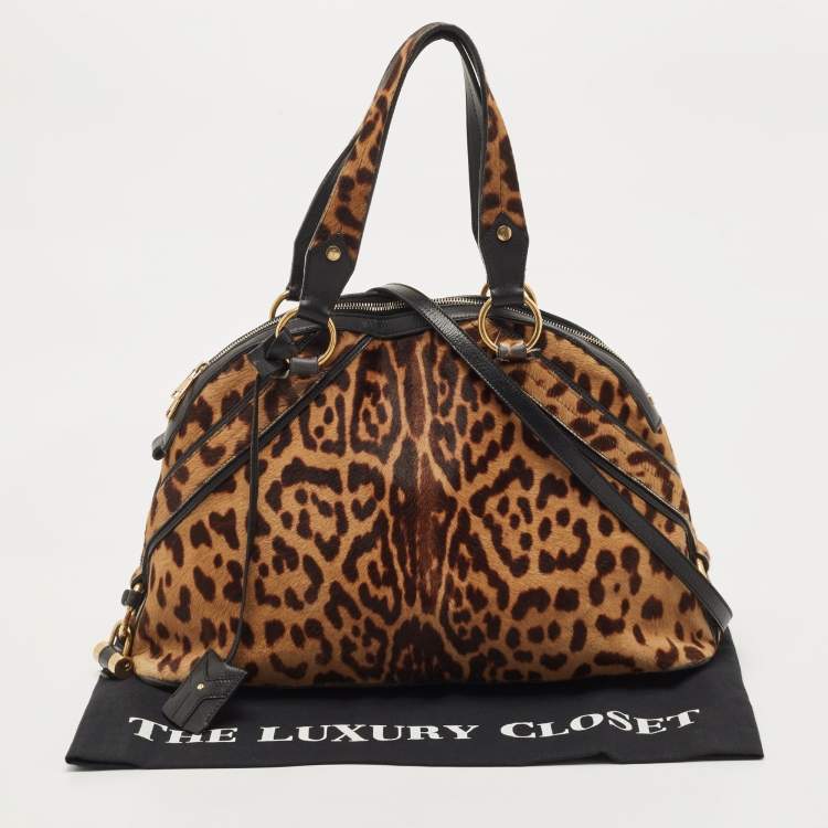 Pre Owned Saint Laurent Black/Brown Leopard Print Calfhair and Leather Muse Satchel