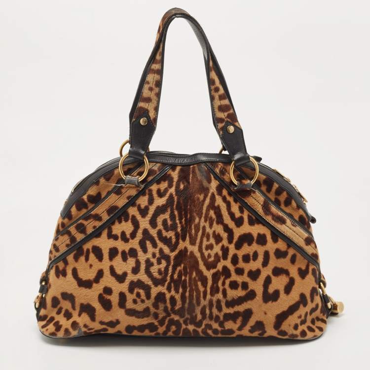 Pre Owned Saint Laurent Black/Brown Leopard Print Calfhair and Leather Muse Satchel